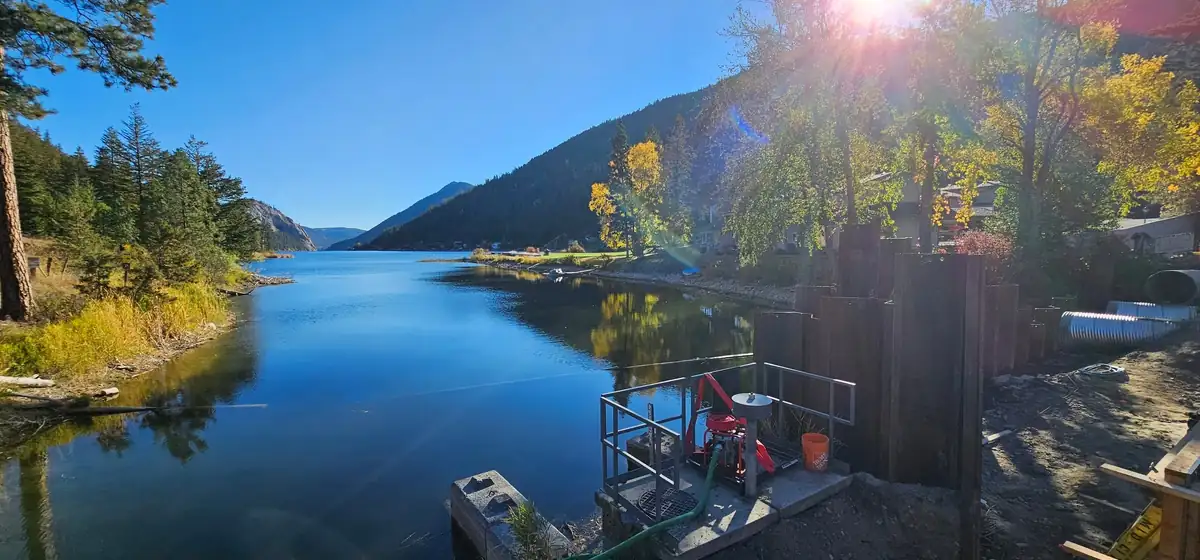 Paul Lake outlet with the dam works and sheet piles in the foreground